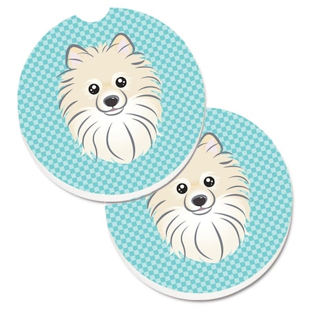 Carolines Treasures Checkerboard Blue Pomeranian Set of 2 Cup Holder Car Coaster BB1145CARC